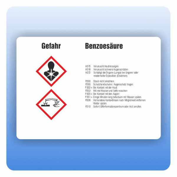 Gefahrstoffaufkleber Benzoesäure für Behälter von 3 bis 50 Liter