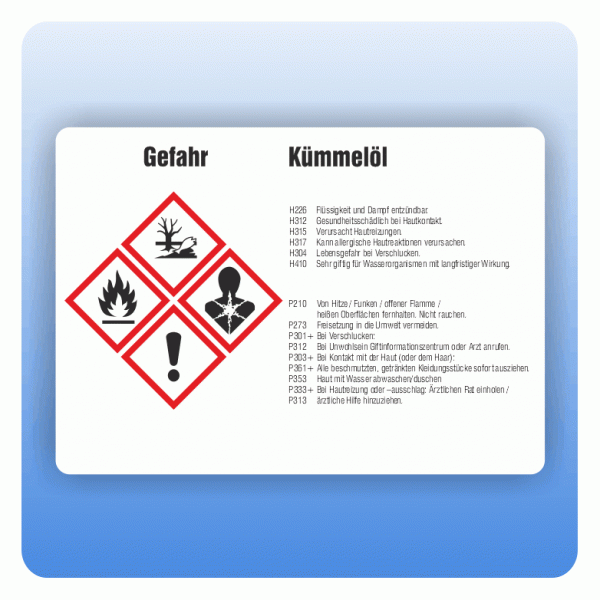 Gefahrstoffaufkleber Kümmelöl für Behälter von 50 bis 500 Liter