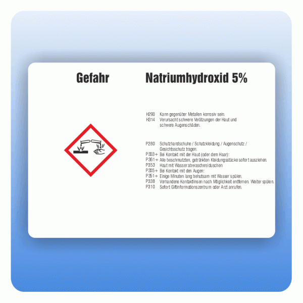 Gefahrstoffaufkleber Natriumhydroxid 5 Prozent für Behälter von 50 bis 500 Liter