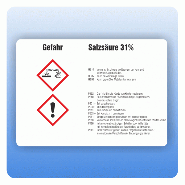 Gefahrstoffaufkleber Salzsäure 31 Prozent für Behälter von 50 bis 500 Liter