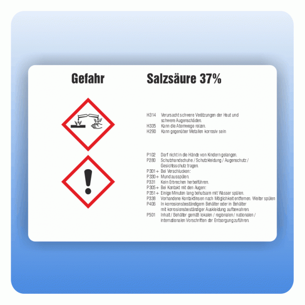 Gefahrstoffaufkleber Salzsäure 37 Prozent für Behälter von 3 bis 50 Liter