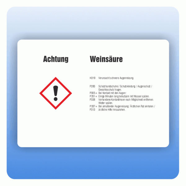 Gefahrstoffaufkleber Weinsäure für Behälter von 3 bis 50 Liter