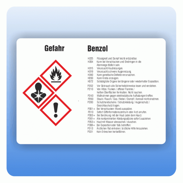 Gefahrstoffaufkleber Benzol für Behälter von 50 bis 500 Liter