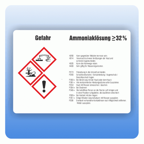 Gefahrstoffaufkleber Ammoniaklösung 32 Prozent für Behälter von 50 bis 500 Liter